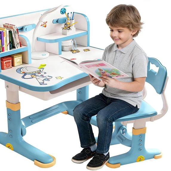 YNCE Kids Desk and Chair Set, Height Adjustable Kids Desk with Cartoon Pattern, Widened Tabletop, Back Support & Spine Protect, Prevent Myopia, for Boys & Girls 3+