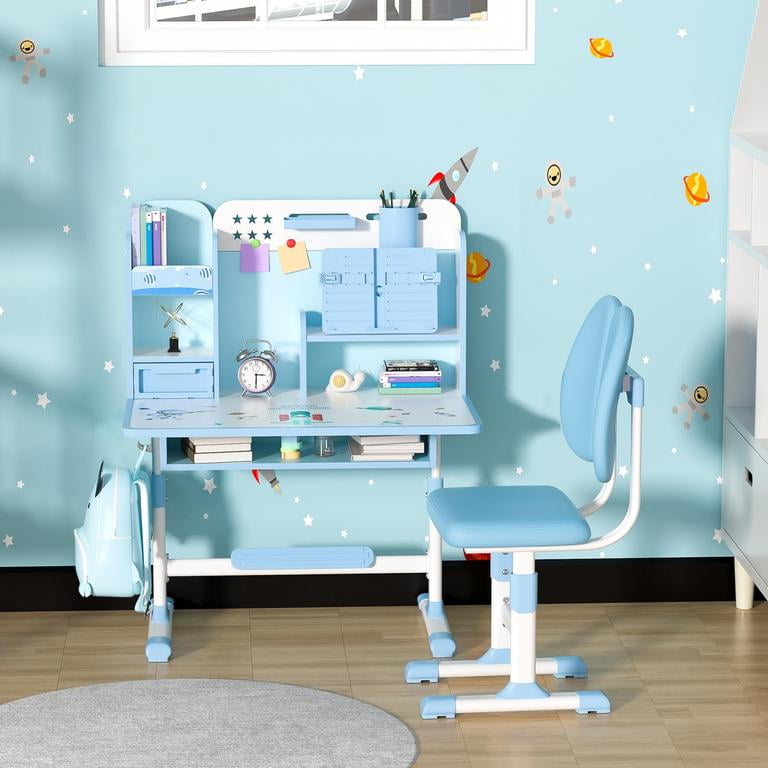 YNCE Kids Desk and Chair Set, Height Adjustable Kids Desk with Storage Drawers and Bookshelf, Ergonomic Desks for Kids, Curved Desktop Reading Writing Table (Blue #1)