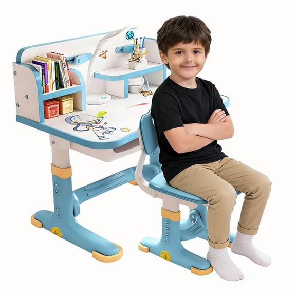YNCE Kids Desk and Chair Set, Height Adjustable Kids Desk with Storage Drawers and Bookshelf, Ergonomic Table for Kid, Curved Desktop Reading Writing Table