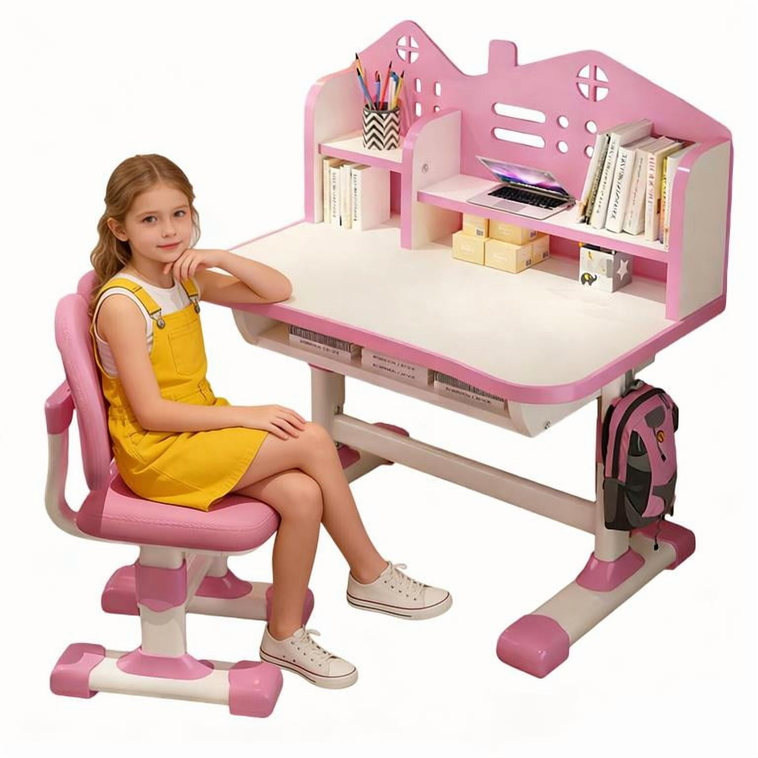 YNCE Kids Desk and Chair Set, Height Adjustable Kids Desk with Storage Drawers, Bookshelf and Metal Hook, Ergonomic Desks for Kids, Curved Desktop Reading Writing Table