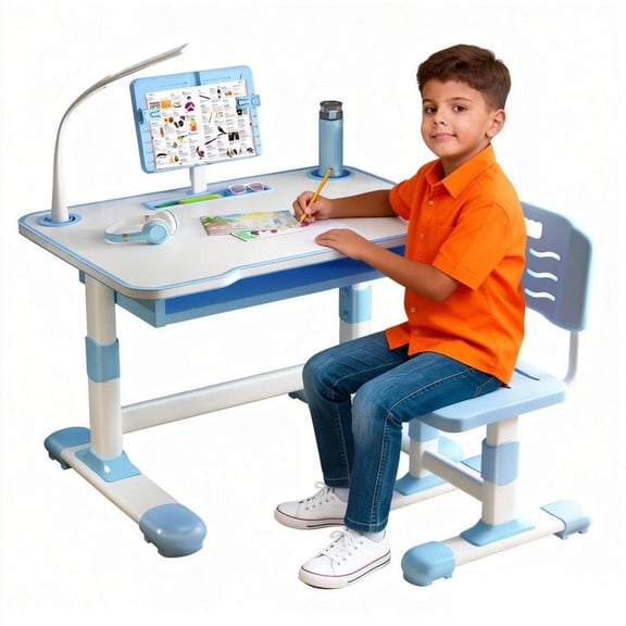 YNCE Kids Desk and Chair Set, Height Adjustable Kids Study Desk Chair Toddlers Writing Table with Tiltable Reading Stand, Bedroom Children Learning Table with Extra Large Drawer