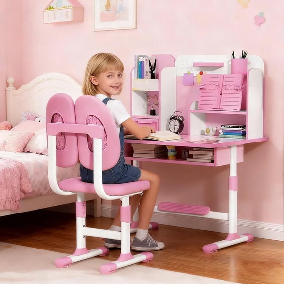 YNCE Kids Desk and Chair Set, Height Adjustable Pink Desks for Kids, Kid Desk with Storage,Toddler Table Study Table with Bookshelf and Drawer, for Boys and Girls