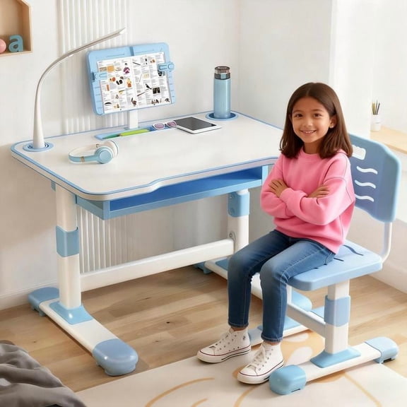 YNCE Kids Desk and Chair Set, Height Adjustable Student Study Desk with Extra Large Drawer,Tiltable Desktop Toddlers Writing Table, Children Learning Table with Large Drawer for Boys & Girls