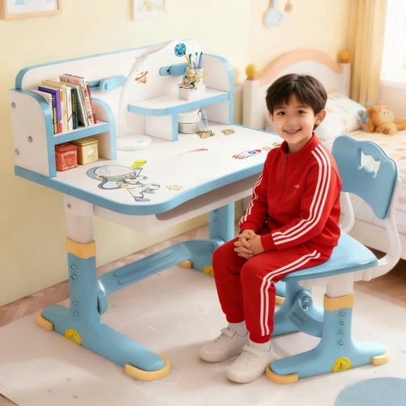 YNCE Kids Desk and Chair Set,Height-Adjustable Student Study Desk Widened Desktop Multi Separation Cartoon Pattern Desk Chair Set Kids Study Table with Drawer Chair Set Fast Delivery from US