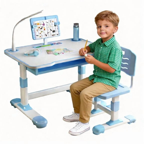 Kids Desk and Chair Set, Kids Study Desks and Chair Set for Girls Boys, Girls Boys Art Desk, Home School Drafting Desks for Childrens, Height Adjustable, with Light, Book & Bottle Holder (Blue #1)