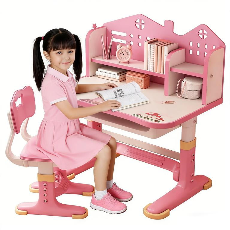 YNCE Kids Desk and Chair Set, Multi-Activity Toddler Table and Chair Set with Bookshelf,Height Adjustable Chair Desk for Kids, Storage Rack for Toddler Ages 3-12