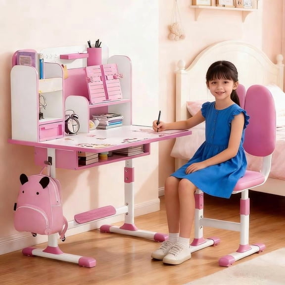 YNCE Kids Desk and Chair Set School Desk| Height Adjustable Study Table with Book Stand & Foot Pedal, Ergonomic Children's Desks with Sitting Corrector for School Homework