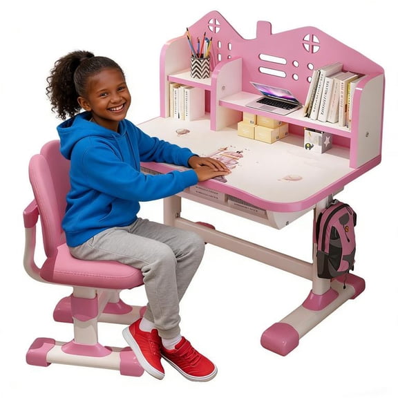 YNCE Kids Desk and Chair Set, Study Table and Chair, Desk for Kids, Children's Desks with Golden Distance Design, Homeschooling Writing Desk with Desktop for Boys and Girls