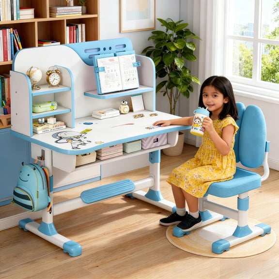 YNCE Kids Desk and Chair Set, Study Table and Chair, Desk for Kids, Children's Desks with Golden Distance Design, Homeschooling Writing Desk with Desktop for Boys and Girls