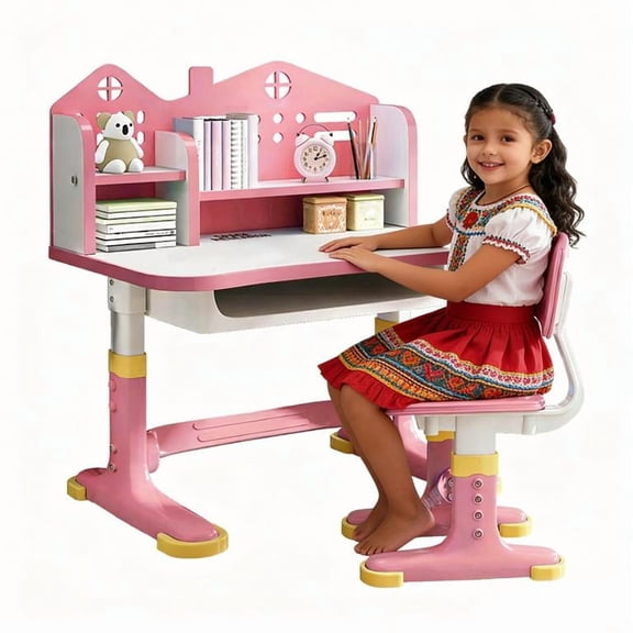 YNCE Kids Desk and Chair Set, Study Table and Chair, Desk for Kids, Children's Desks with Golden Distance Design, Homeschooling Writing Desk with Desktop for Boys and Girls