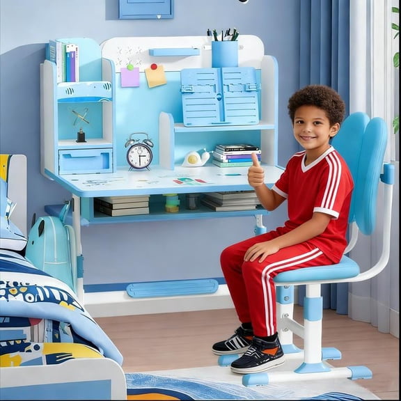 YNCE Small Desk, Kids Study Desk Chair Set, Height Adjustable Children School Study Table Chair Set with Sitting Corrector, Ergonomic Desk Chair with Book Stand, Foot Pedal, Partition Design