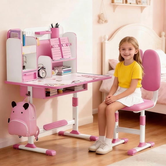 YNCE Kids Desk and Chair Set,Teenager Study Table and Chair Set Ergonomic Child Student Desk Height Adjustable Children School Desk with Storage Drawer Book Stand Sitting Posture Corrector