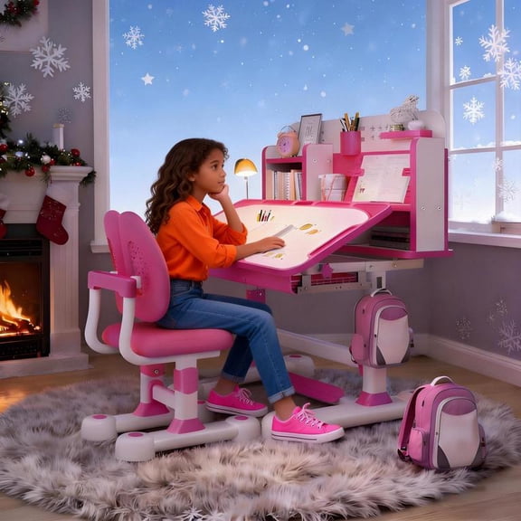 YNCE 2025 Upgraded Kids Desk and Chair Set, Kids School Desk Children Desk and Chair Set with Magnetic Back Plate, Drawers Schoolbag Hooks & Book Stand, Pen Holders