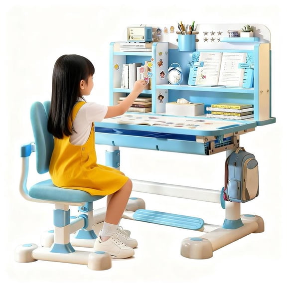 YNCE Kids Desk and Chair Set Toddler Desk Art Table for Kids School Desk Height Adjustable Kids Drawing Table with Sitting Corrector, Ergonomic Desk Chair with Book Stand, Foot Pedal