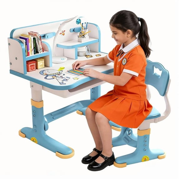 YNCE Kids Desk and Chair Set,Adjustable Girls School Writing Study Table,Ergonomic Desk Chair with Large Writing Board Pull Out Drawer Book Stand