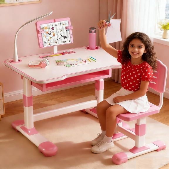 YNCE Kids Desk and Chair Set, Adjustable Height Children Study Table and Chair Set with Drawer, Cartoon Pattern Study Table for Toddlers