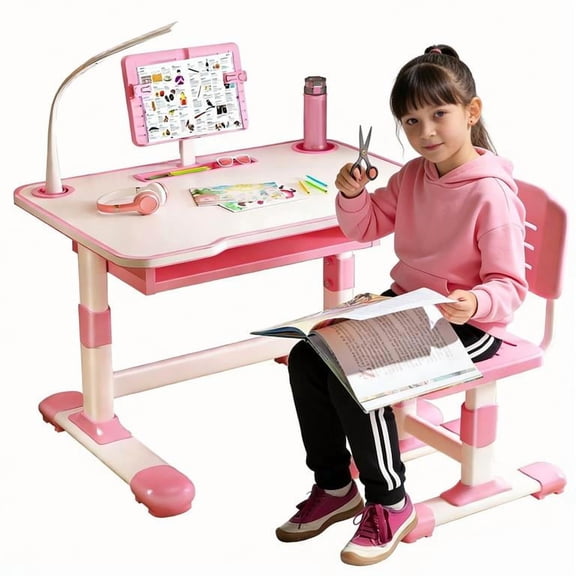 YNCE Kids Desk and Chair Set Adjustable Height, Toddler Study Table Kids Table and Chairs with Storage and Drawers for Writing Reading Drawing