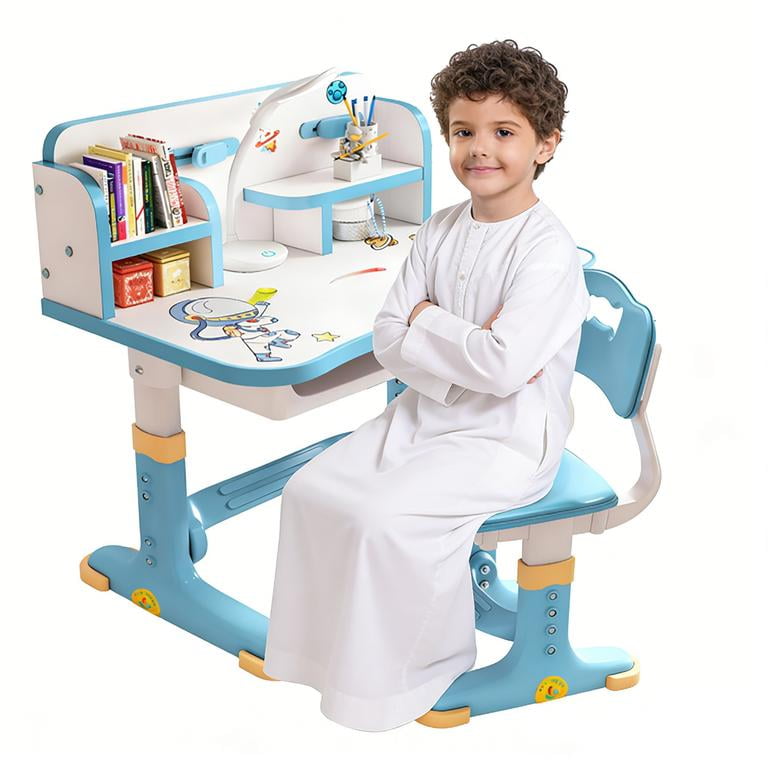 YNCE Kids Desk and Chair Set, Height Adjustable Kids Desk with Storage Drawers and Bookshelf, Ergonomic Desks for Kids, Escritorio para NiñOs