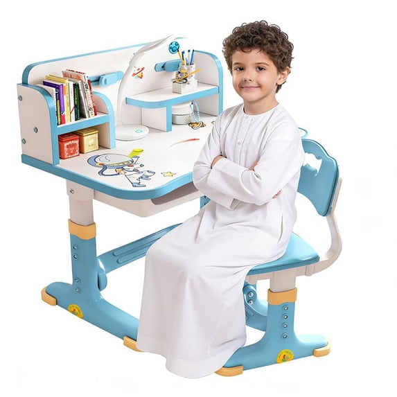 YNCE Kids Desk and Chair Set, Height Adjustable Kids Desk with Storage Drawers and Bookshelf, Ergonomic Desks for Kids, Escritorio para NiñOs