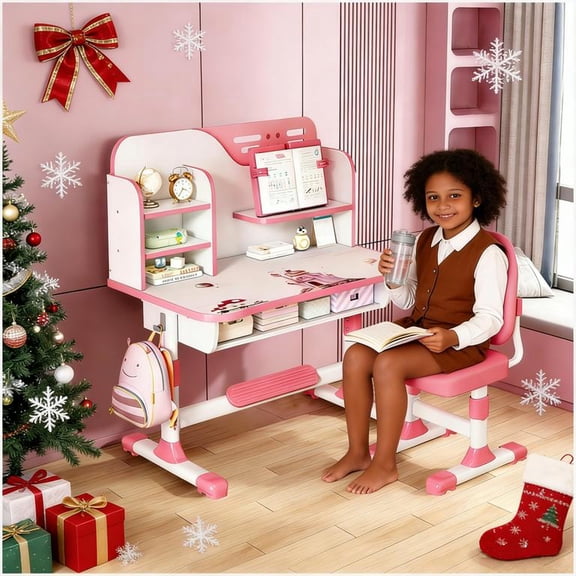 YNCE Kids Desk and Chair Set, Height Adjustable Kids Study Table with Widened Desktop, Storage Drawer & Bookstand, Ergonomic Desk for Boys and Girls