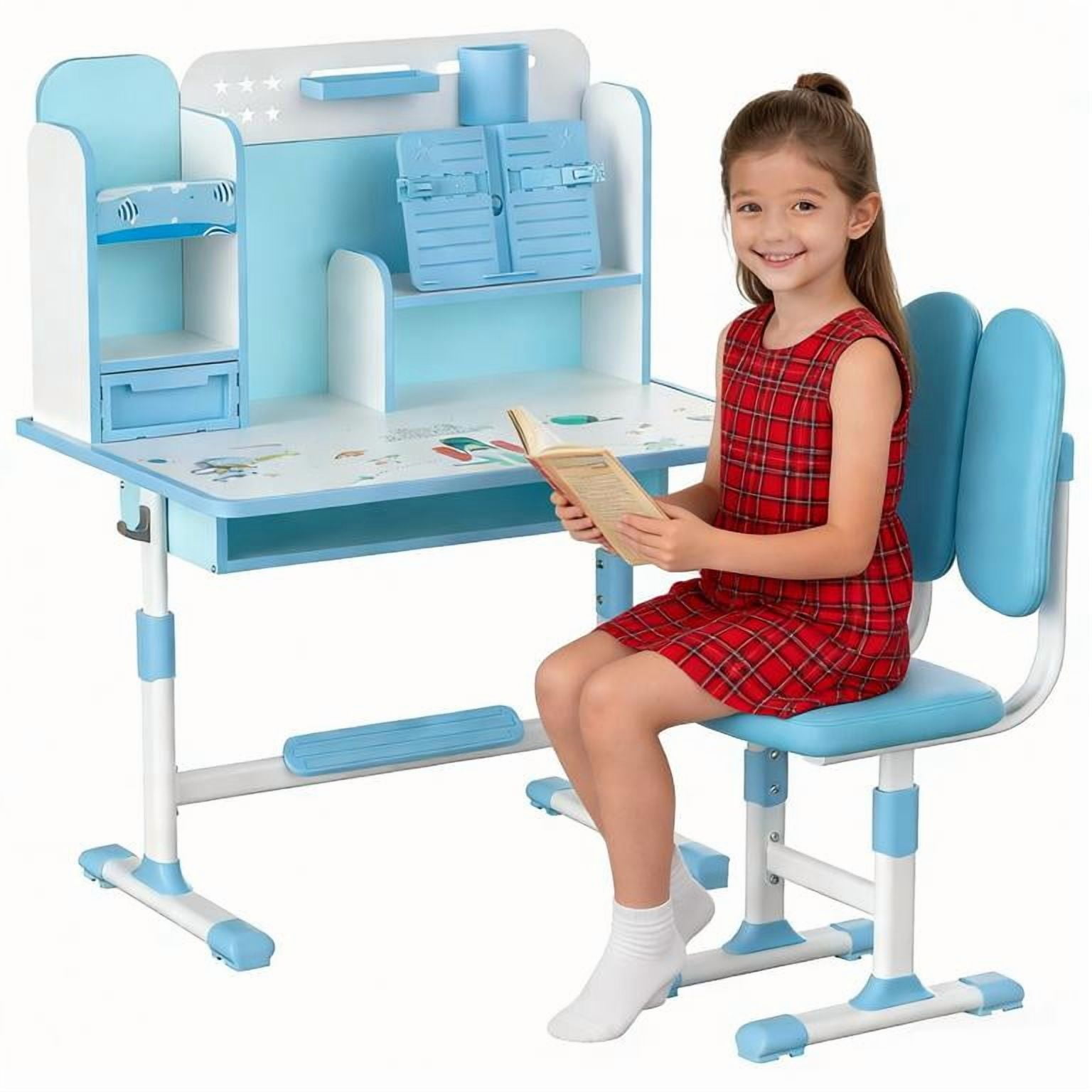 YNCE Kids Desk and Chair Set, Study Table with Golden Distance Design, Homeschooling Writing Desk with Desktop for Boys and Girls (Blue #1)