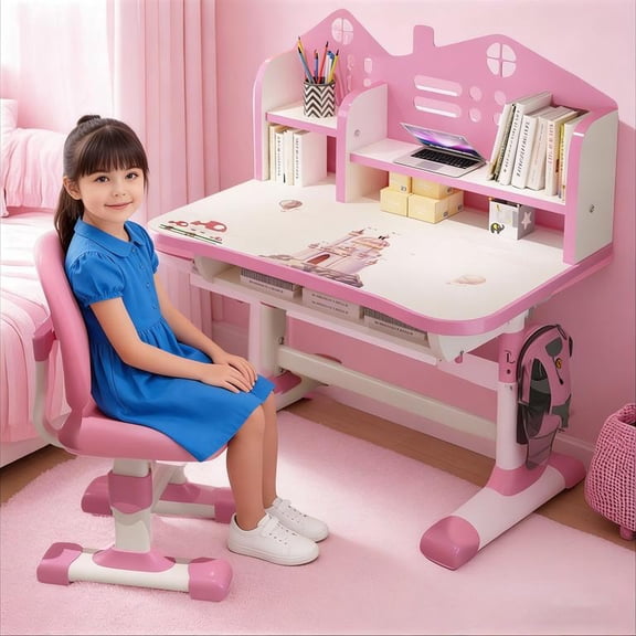 YNCE Kids Desk with Chair-Desk for Kids, Study Desks Study Table,Height Adjustable,with Bookstand and Storage Drawer,Kid Table for Boys and Girls