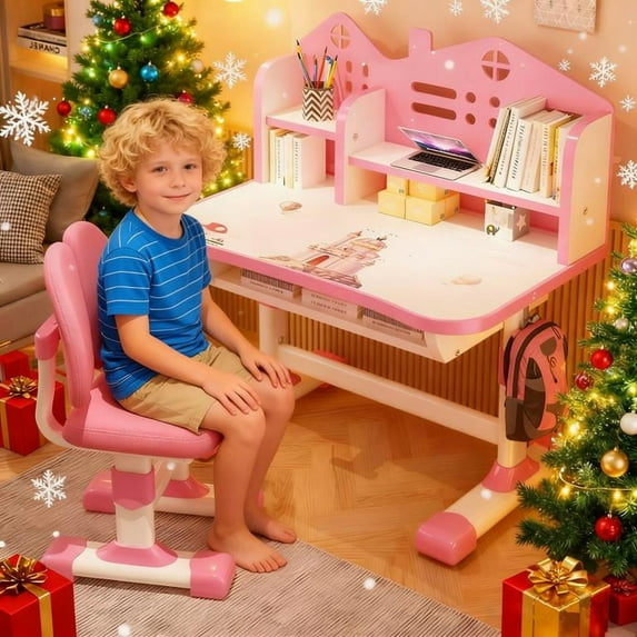 YNCE Kids Ergonomic Desk and Chair Set, Height Adjustable School Study Table with Bookshelf, Drawer and Spine Support Backrest, Kids Desk and Chair for Bedroom&Study Room