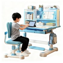 YNCE Kids Study Desk Chair Set,Adjustable Children School Study Table Chair Set with Sitting Corrector, Ergonomic Desk Chairs with Book Stand, Foot Pedal, Partition Design