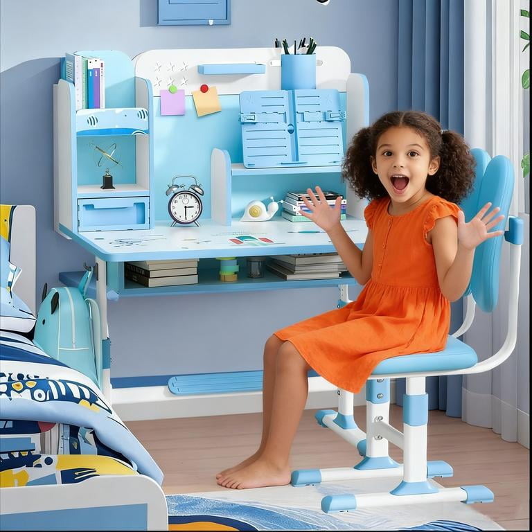 YNCE Kids Functional Desk and Chair Set, Ergonomic Height Adjustable Children School Study Desk with Book Stand, Storage Drawer and Metal Hook for Boys Girls