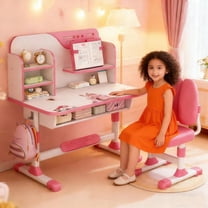 YNCE Kids Functional Desk and Chair Set, Ergonomic Height Adjustable Children School Study Desk with Storage, Book Stand, Metal Hook and Drawer for Boys Girls