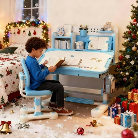 YNCE Kids Functional Desk and Chair Set, Ergonomic Height Adjustable Children School Study Desk with Tilt Desktop, Book Stand, Bookshelf, Metal Hook and Storage Drawer for Boys Girls 3-12 (Blue #2)