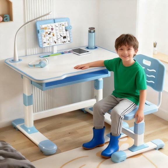 YNCE Kids Functional Desk and Chair Set, Ergonomic Height Adjustable Children School Study Desks with LED Table Light & Large Drawer, Ergonomic Children Learning Table Student Desk Chair