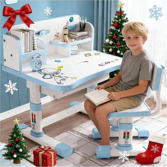 YNCE Kids Functional Desk and Chair Set, Height Adjustable Children School Study Table Chair, Large Writing Board Widened Desktop Book Bucket Bookshelf, Study Furniture Gift Ages 3-18