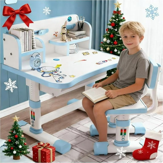 YNCE Kids Functional Desk and Chair Set, Height Adjustable Children School Study Table Chair, Large Writing Board Widened Desktop Book Bucket Bookshelf, Study Furniture Gift Ages 3-18