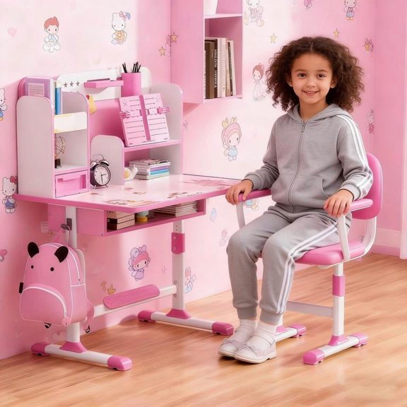 YNCE Kids Functional Desk and Chair Set,Height Adjustable Children School Study Table Chair Set with Sitting Corrector, Ergonomic Desk Chair with Book Stand, Foot Pedal, Partition Design