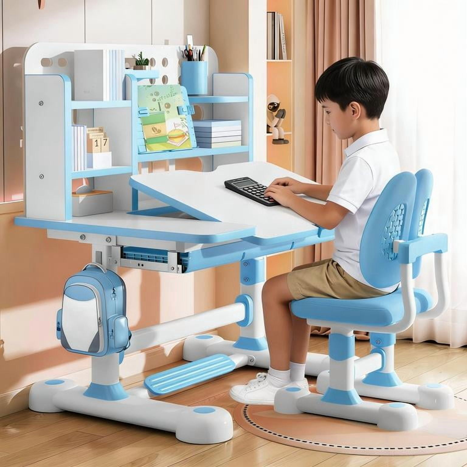 YNCE Kids Functional Desk and Chair Set, Height Adjustable Children ...