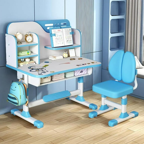 YNCE Kids Functional Desk and Chair Set, Height Adjustable Children Study Table Chair Set with Cartoon Patternwith Drawer, Multi Bookstand Desk for Boys Girls Age 3-18 (Blue #3)