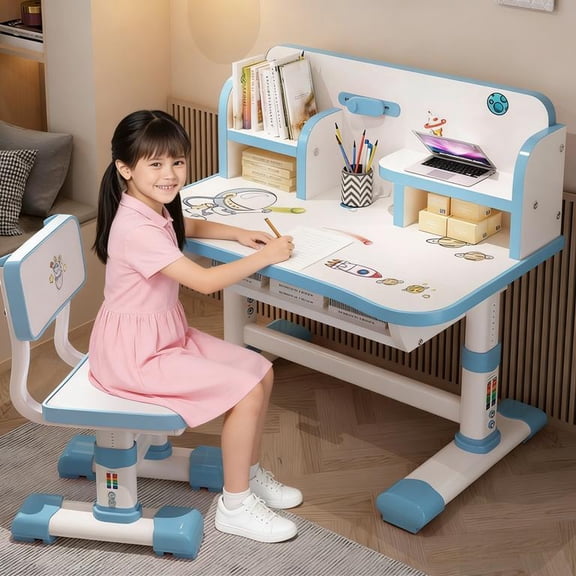 YNCE Kids Functional Desk and Chair Set, Kids' Desk and Chair Set, Kids Study Desk Chair Set Height Adjustable Children School Study Table Chair Set with Cartoon Pattern, Drafting Desk