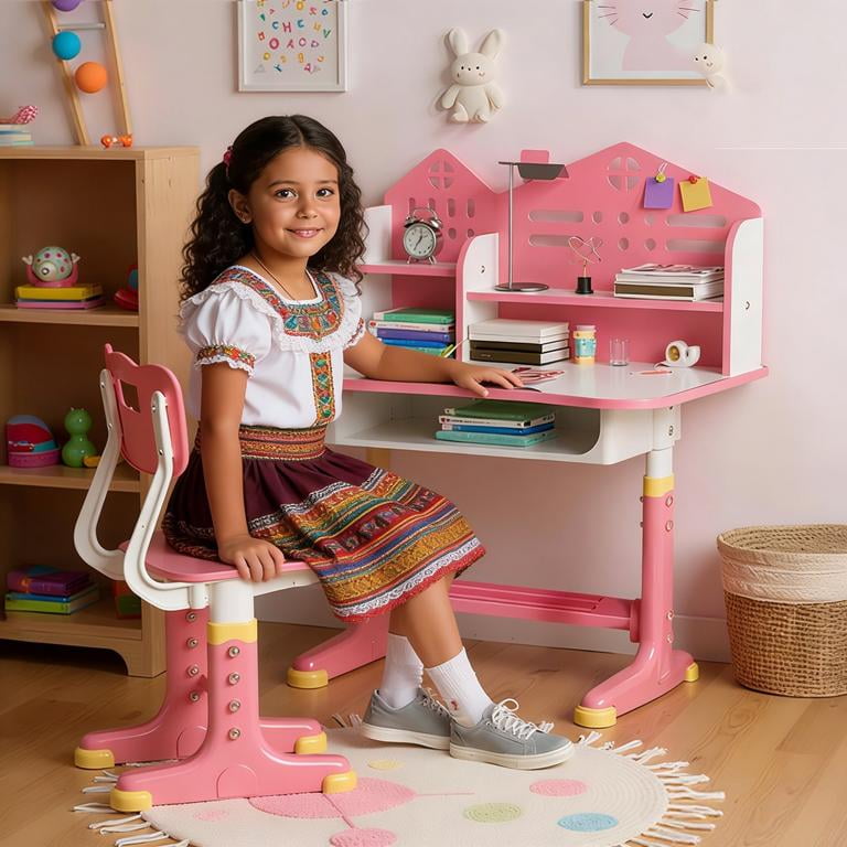 YNCE Kids Functional Desk and Chair Set, Height Adjustable Children School Study Desk with Storage Drawer for Boys Girls (Pink #1)