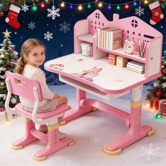 YNCE Kids Learning Desk and Chair Set Desk Set Height Adjustable with Drawers and Bookshelf Widened Desktop Cartoon Castles Learning Desks and Chairs Reading/Learning/Writing for Girls (Pink #7)