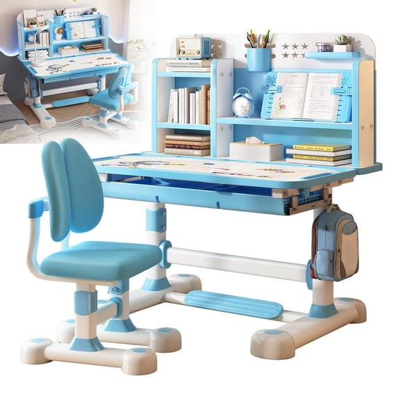 YNCE Kids Desk and Chair Set, Height Adjustable Astronaut Pattern Children School Desk with Shelf & Large Drawers, Kids Writing Study Table for Boys Girls 3+ (Blue #2)