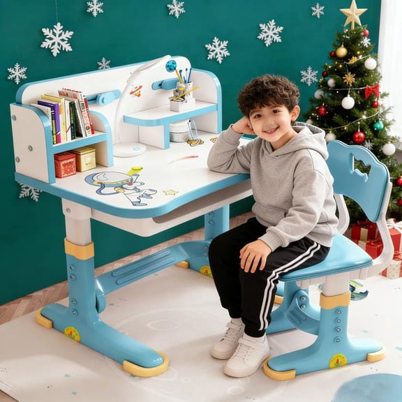 YNCE Kids Multifunctional Desk Chair Set,Widened Desktop Multi Cartoon Pattern Kids Desk Set,Kids Adjustable Height Study Table with Drawer Set for Boys Girls,Fast Delivery from USA