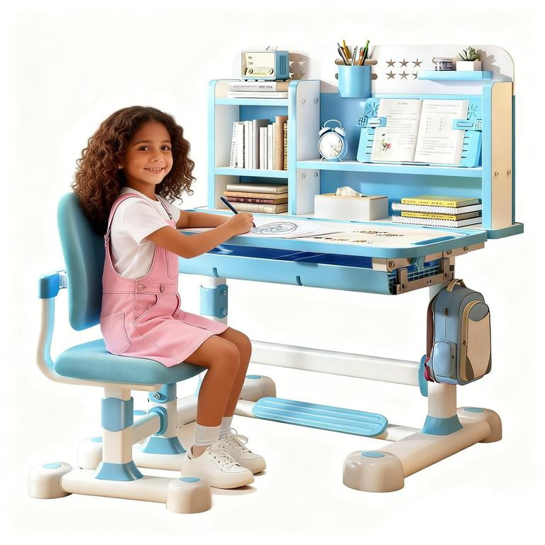 YNCE Kids Study Desk with Chair - Height Adjustable Children School Study Table Chair Set, Kids Homework Desk with Tiltable Desktop & Large Writing Board for Bedroom, Ideal Gifts for Boys Girls 8-12