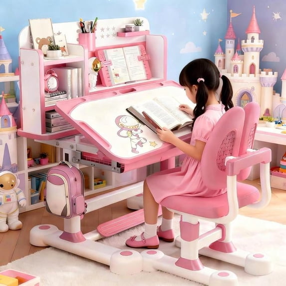 YNCE Kids Study Desk with Chair - Height Adjustable Children School Study Table Chair Set, Kids Homework Desk with Tiltable Desktop & Large Writing Board for Bedroom, Ideal Gifts for Girls 8-12