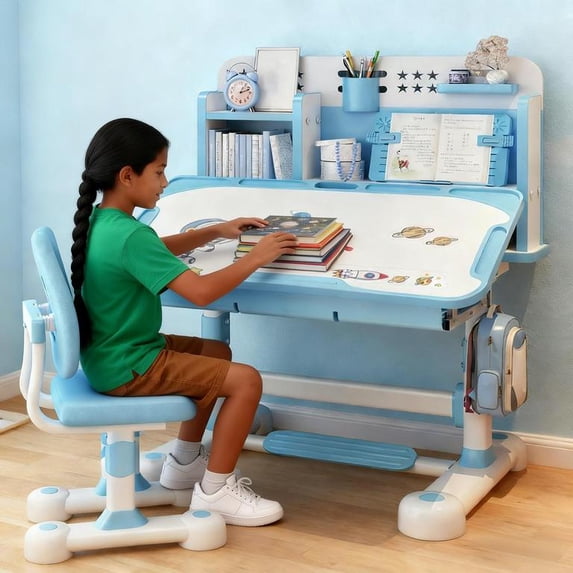 YNCE Kids Study Desk Chair, Height Adjustable Children's Desks with Tilt Desktop Book Stand Foot Pedal,Kids Desk and Chair Set Writing Table & Chair Set Desk for Kids