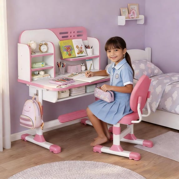 YNCE Kids Study Desk and Chair Set for 6-14, Height Adjustable Study Table Chair Set for Kids with Drawers Bookstand 80cm Desktop Foot Pedal Ergonomic Table Chairs for Boys Girls