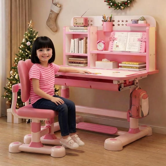 YNCE Kids' Study Desk and Chair Set, Adjustable Height Children's Writing Table with Sitting Posture Corrector & Foot Pedal & Book Stand, Kids' Ergonomic Study Table for Students