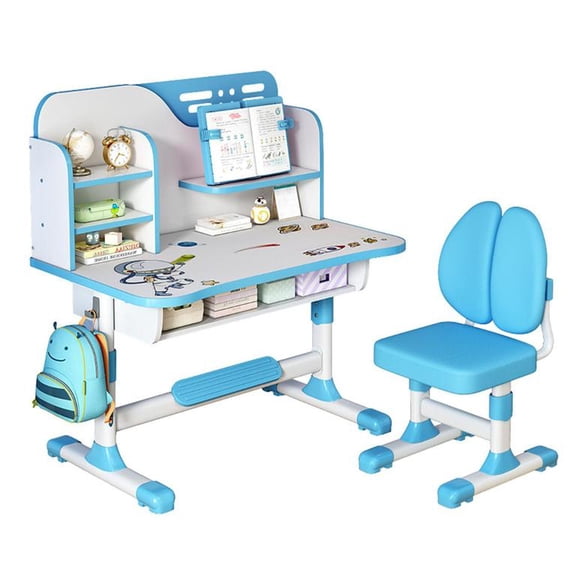 YNCE Kids Study Desk Chair Set, Height Adjustable Children School Study Table Chair Set Pattern Ergonomic, Writing Board Bookshelf Drawer Learning Station Desk, Xmas Gifts (Blue #3)