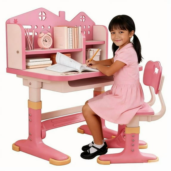 YNCE Kids Study Desk Chair Set, Height Adjustable Children School Study Table Chair Set with Sitting Corrector, Ergonomic Desk with Book Stand, Foot Pedal, Partition Design