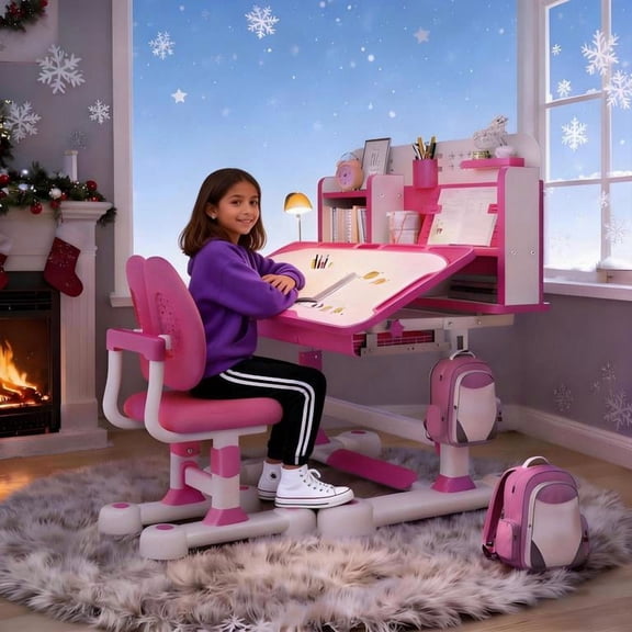 YNCE Kids Study Desk and Chair Set, Height Adjustable Children School Table, Large Writing Board Desk for Kids with Storage Drawer, Ergonomic Dual Back Support Chair